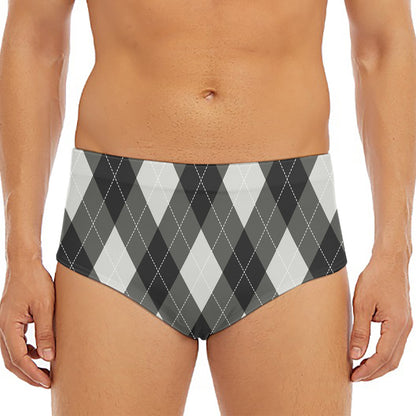 Shadow Grey Argyle Pattern Print Men's Triangle Swim Briefs