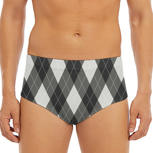 Shadow Grey Argyle Pattern Print Men's Triangle Swim Briefs