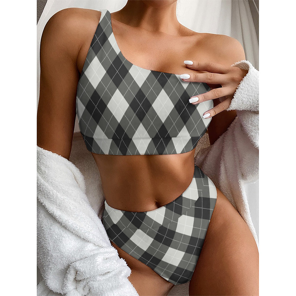 Shadow Grey Argyle Pattern Print One Shoulder Bikini Top