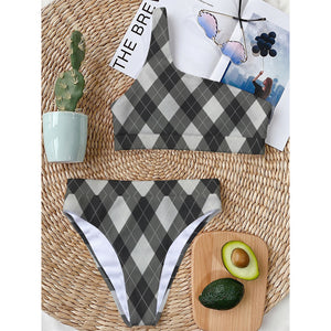 Shadow Grey Argyle Pattern Print One Shoulder Bikini Top