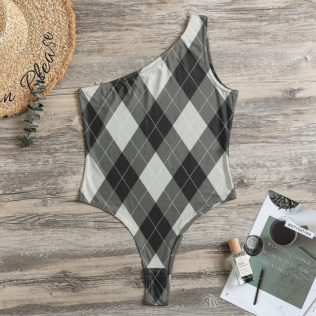 Shadow Grey Argyle Pattern Print One Shoulder Bodysuit