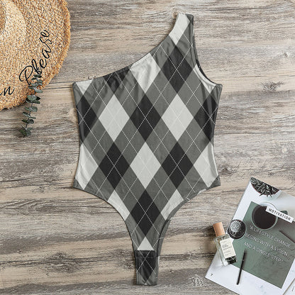 Shadow Grey Argyle Pattern Print One Shoulder Bodysuit