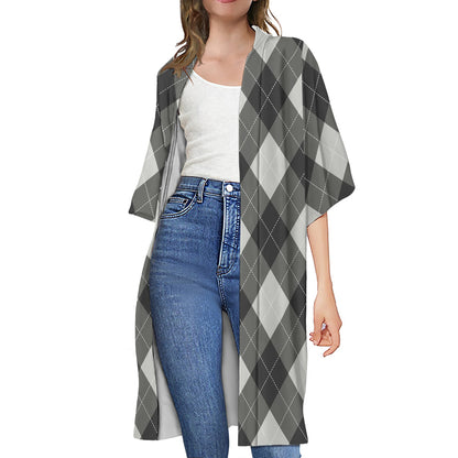 Shadow Grey Argyle Pattern Print Open Front Beach Cover Up
