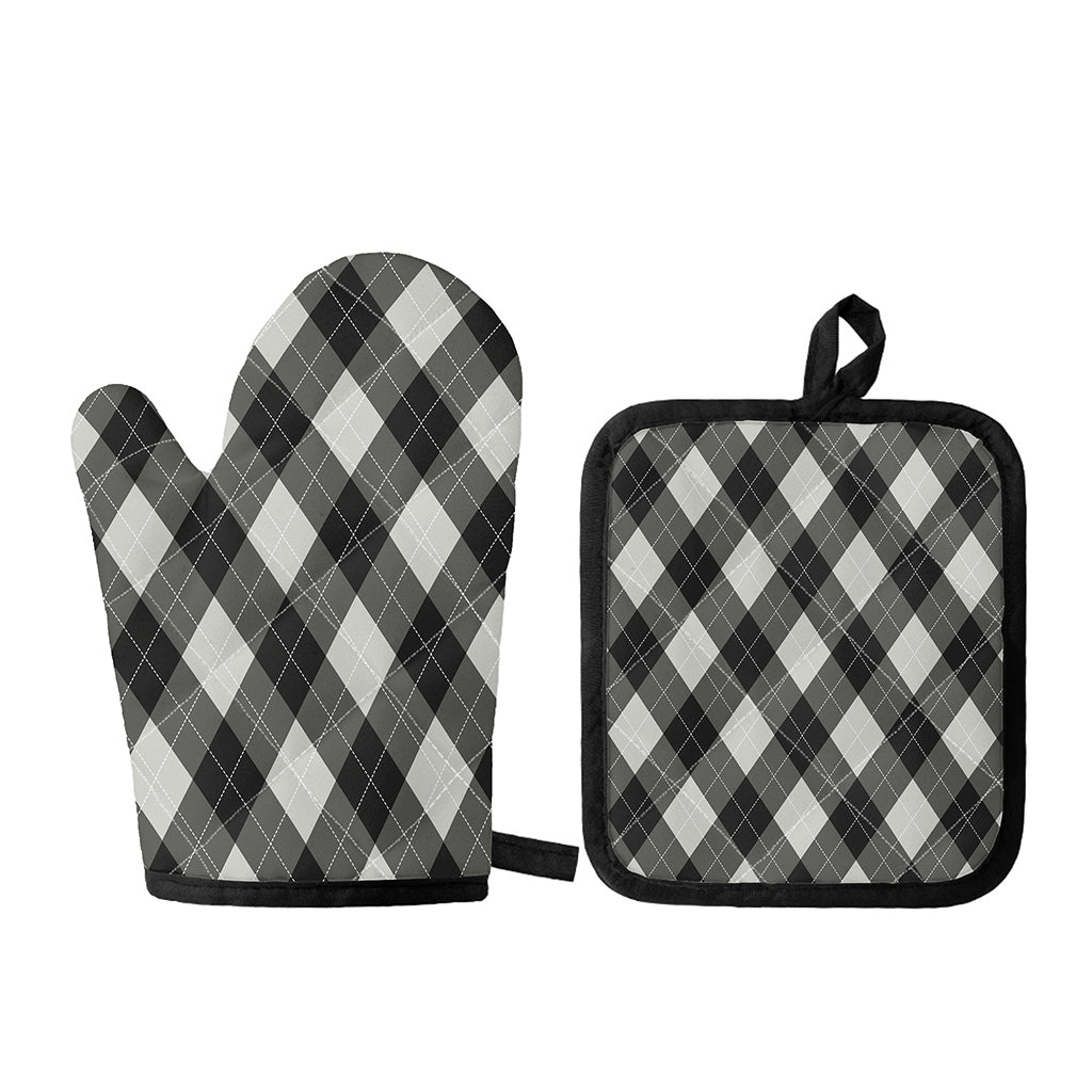 Shadow Grey Argyle Pattern Print Oven Mitt And Pot Holder Set