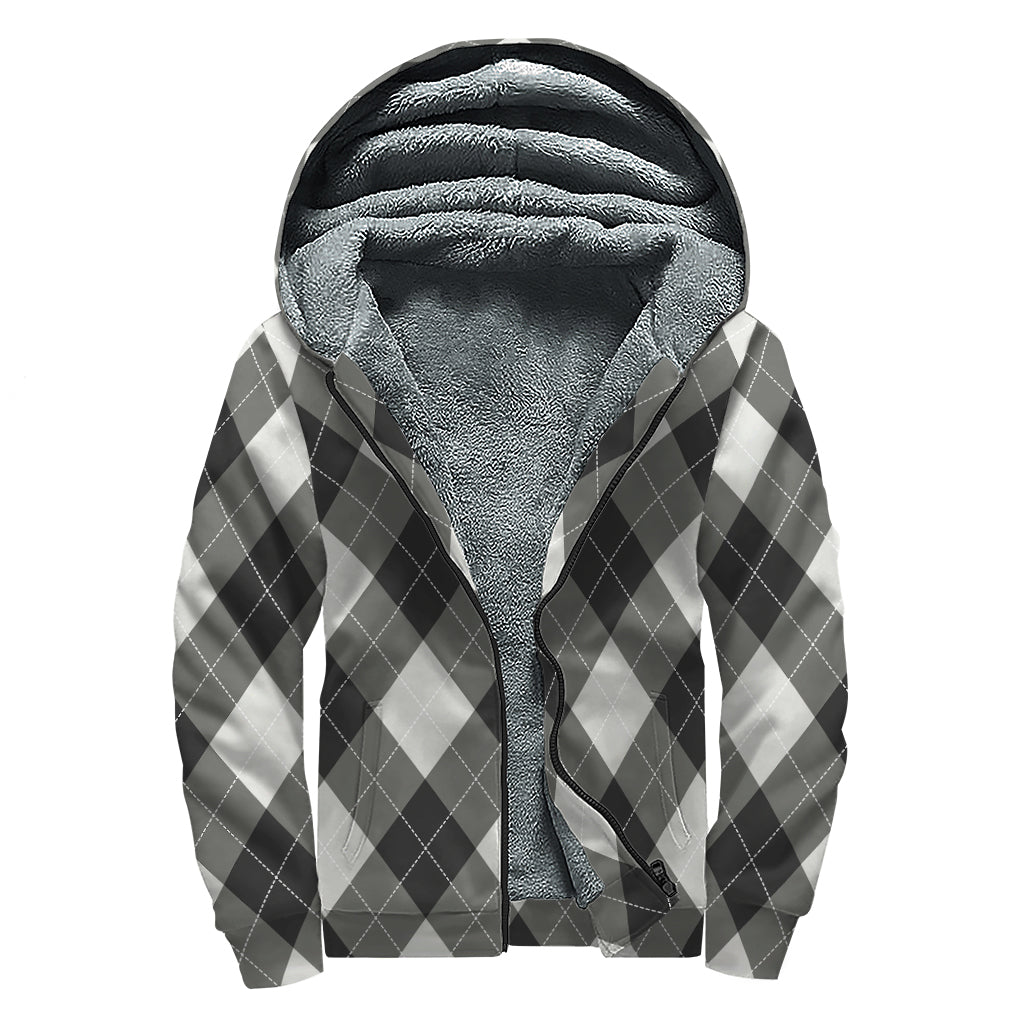 Shadow Grey Argyle Pattern Print Sherpa Lined Zip Up Hoodie