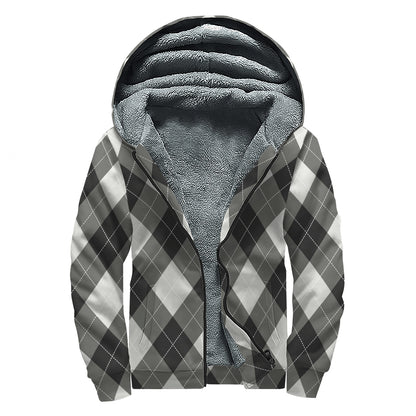 Shadow Grey Argyle Pattern Print Sherpa Lined Zip Up Hoodie