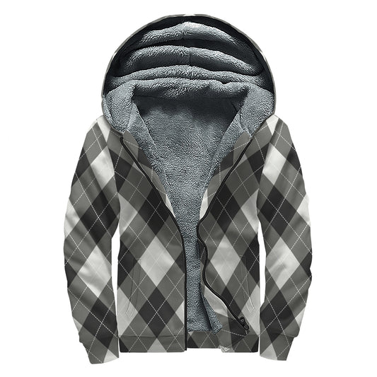 Shadow Grey Argyle Pattern Print Sherpa Lined Zip Up Hoodie