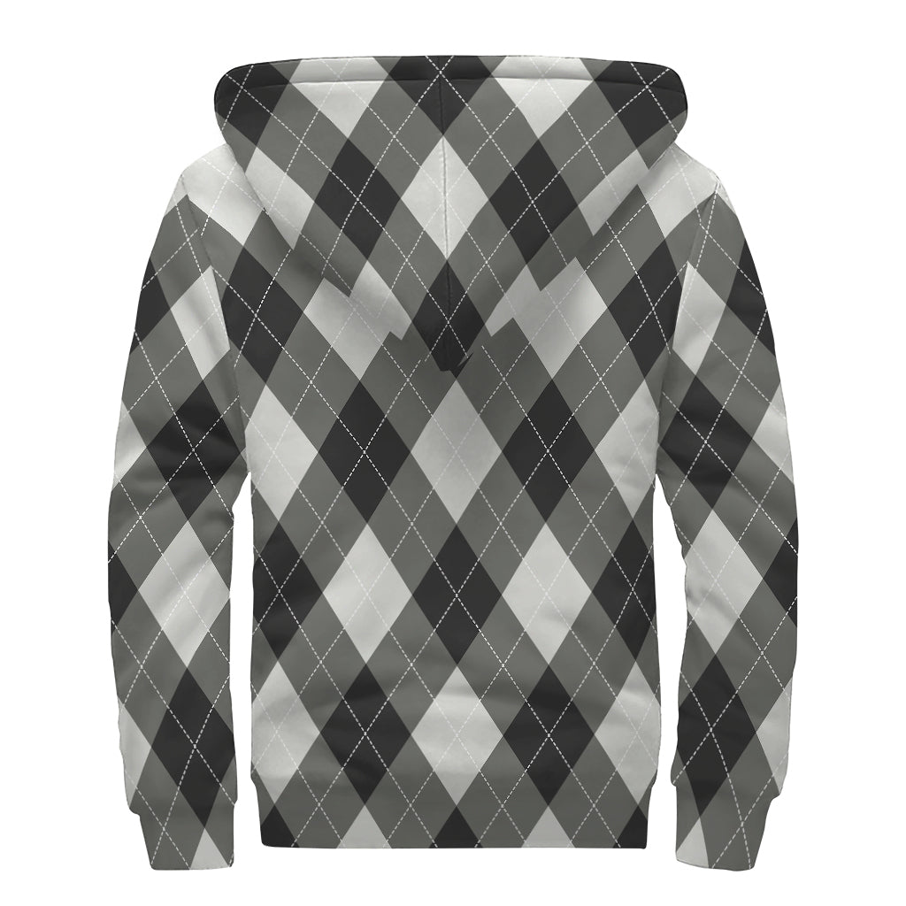 Shadow Grey Argyle Pattern Print Sherpa Lined Zip Up Hoodie