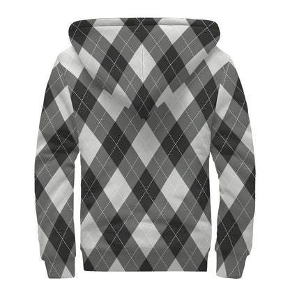 Shadow Grey Argyle Pattern Print Sherpa Lined Zip Up Hoodie
