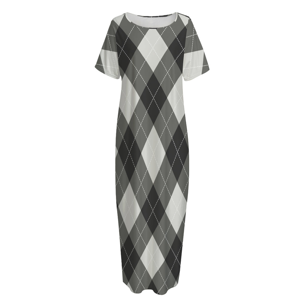 Shadow Grey Argyle Pattern Print Short Sleeve Long Nightdress