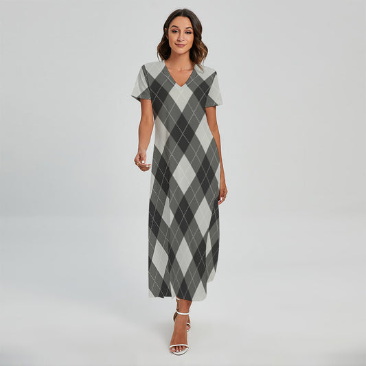 Shadow Grey Argyle Pattern Print Short Sleeve Maxi Dress
