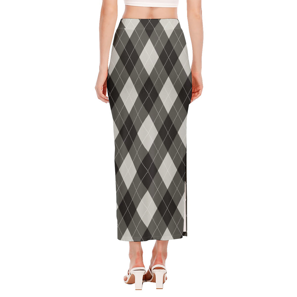 Shadow Grey Argyle Pattern Print Side Slit Maxi Skirt