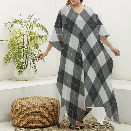 Shadow Grey Argyle Pattern Print Silk V-Neck Kaftan Dress