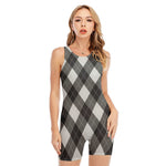 Shadow Grey Argyle Pattern Print Sleeveless One Piece Swimsuit