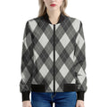 Shadow Grey Argyle Pattern Print Women's Bomber Jacket