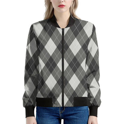 Shadow Grey Argyle Pattern Print Women's Bomber Jacket