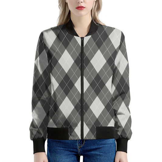 Shadow Grey Argyle Pattern Print Women's Bomber Jacket
