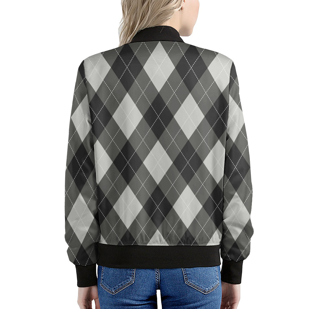 Shadow Grey Argyle Pattern Print Women's Bomber Jacket