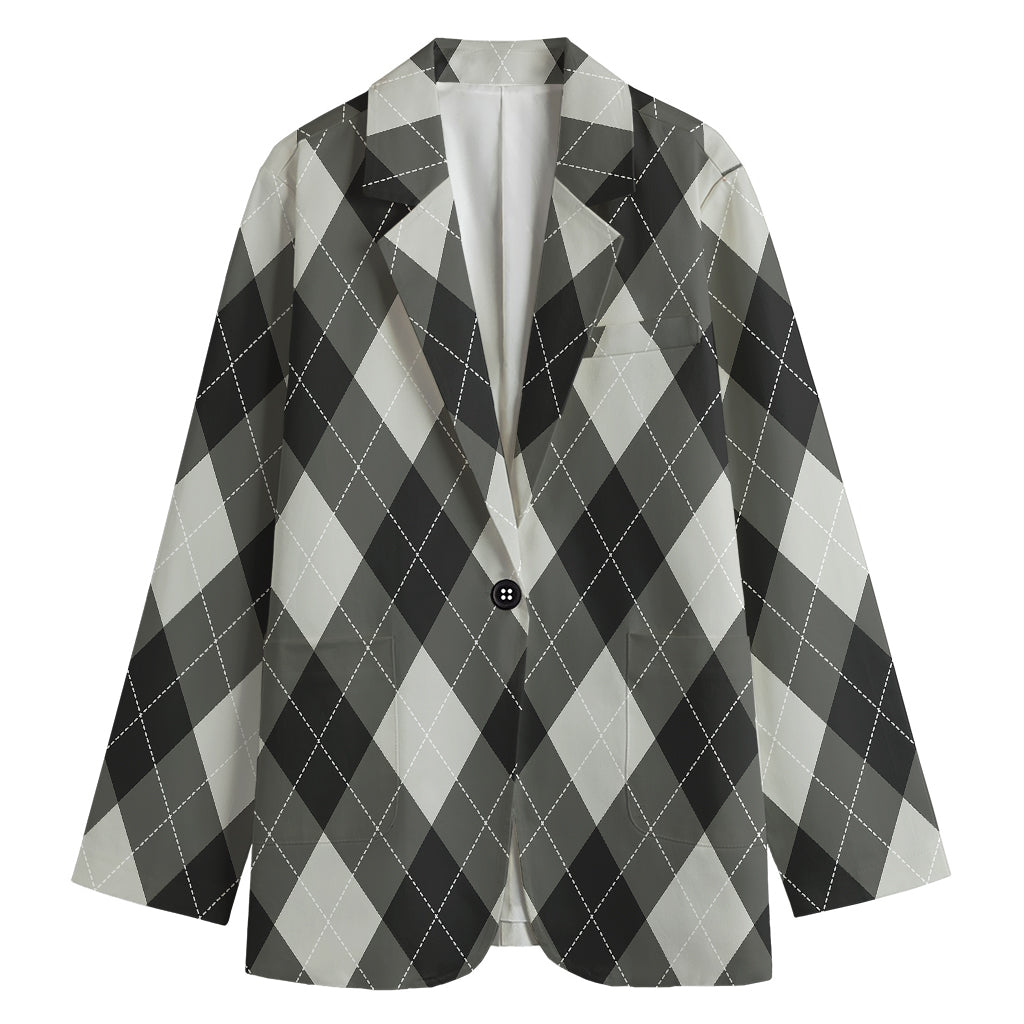 Shadow Grey Argyle Pattern Print Women's Cotton Blazer