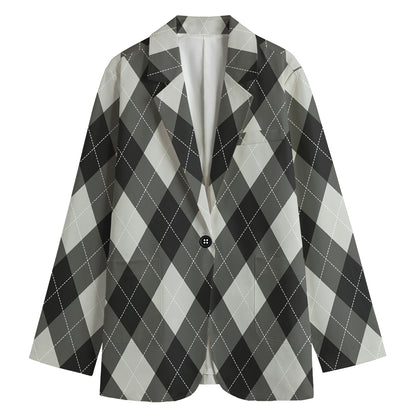 Shadow Grey Argyle Pattern Print Women's Cotton Blazer