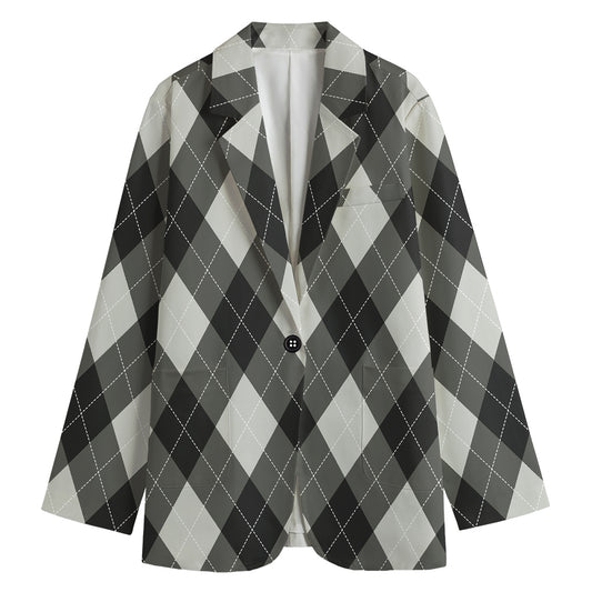 Shadow Grey Argyle Pattern Print Women's Cotton Blazer