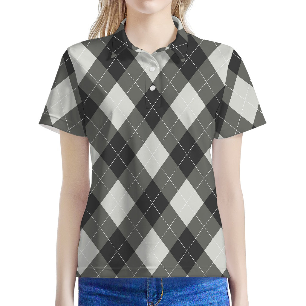 Shadow Grey Argyle Pattern Print Women's Polo Shirt