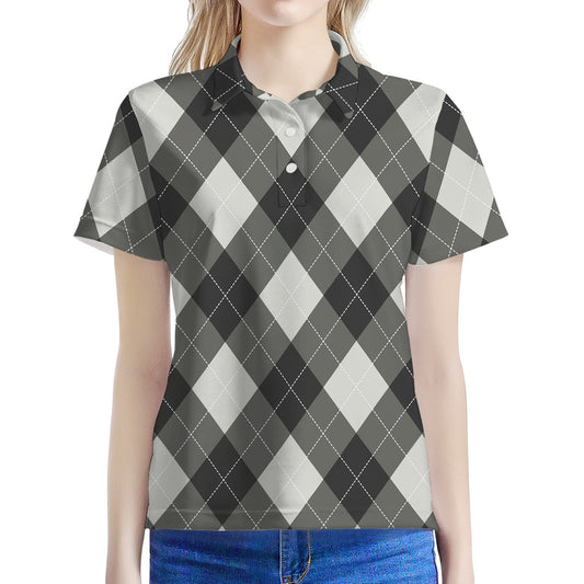 Shadow Grey Argyle Pattern Print Women's Polo Shirt