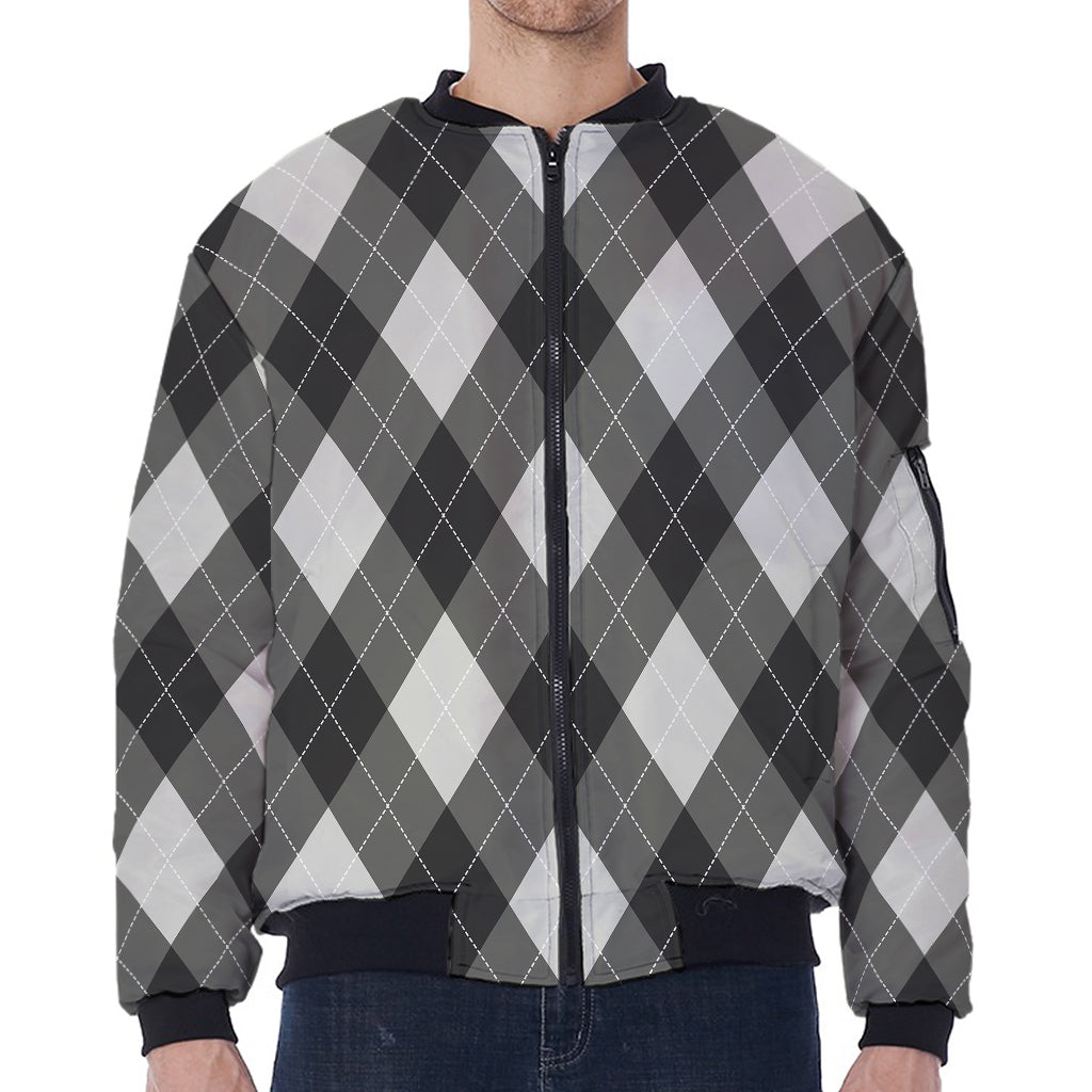Shadow Grey Argyle Pattern Print Zip Sleeve Bomber Jacket
