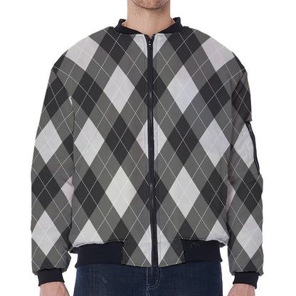 Shadow Grey Argyle Pattern Print Zip Sleeve Bomber Jacket