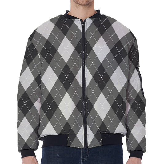 Shadow Grey Argyle Pattern Print Zip Sleeve Bomber Jacket