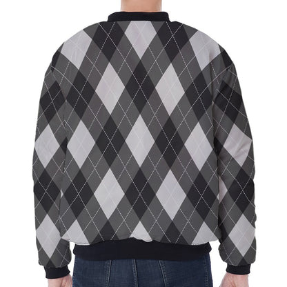 Shadow Grey Argyle Pattern Print Zip Sleeve Bomber Jacket