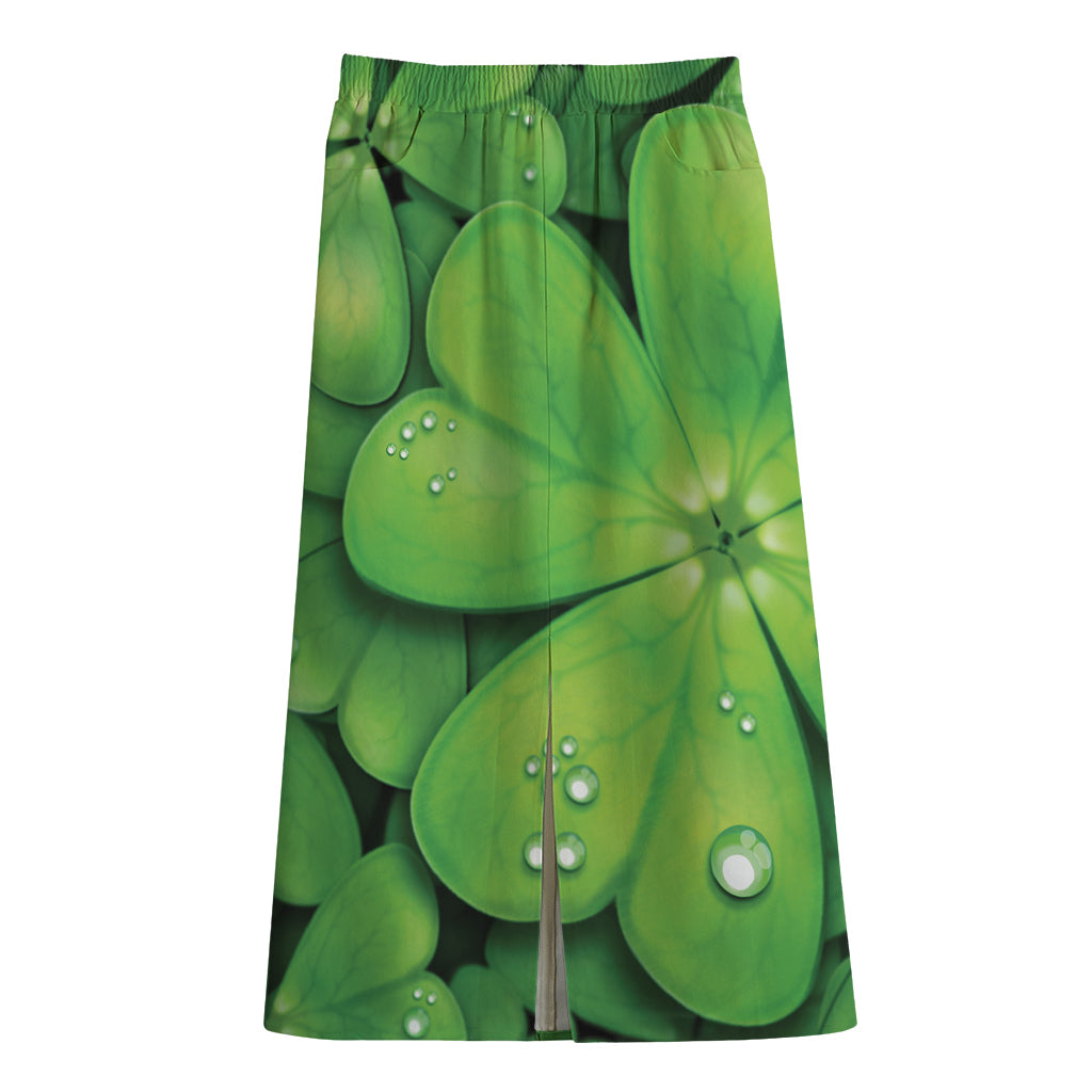 Shamrock Clover St. Patrick's Day Print Cotton Front Slit Maxi Skirt