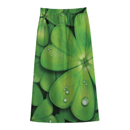 Shamrock Clover St. Patrick's Day Print Cotton Front Slit Maxi Skirt