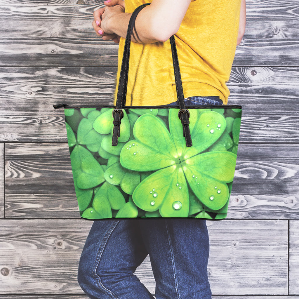 Shamrock Clover St. Patrick's Day Print Leather Tote Bag