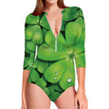 Shamrock Clover St. Patrick's Day Print Long Sleeve Swimsuit