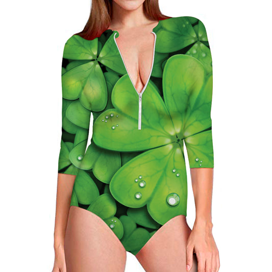 Shamrock Clover St. Patrick's Day Print Long Sleeve Swimsuit