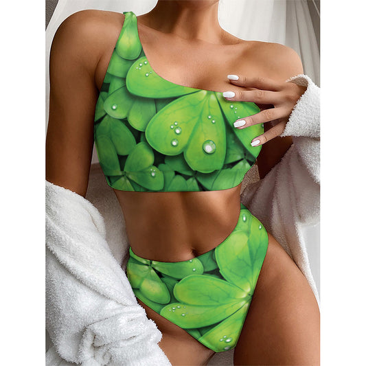 Shamrock Clover St. Patrick's Day Print One Shoulder Bikini Top