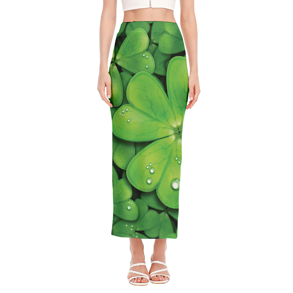 Shamrock Clover St. Patrick's Day Print Side Slit Maxi Skirt