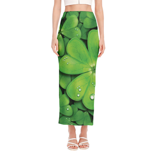 Shamrock Clover St. Patrick's Day Print Side Slit Maxi Skirt