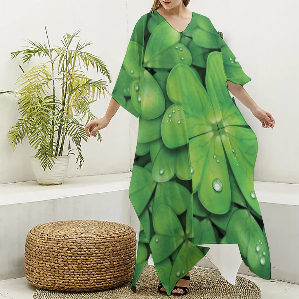 Shamrock Clover St. Patrick's Day Print Silk V-Neck Kaftan Dress