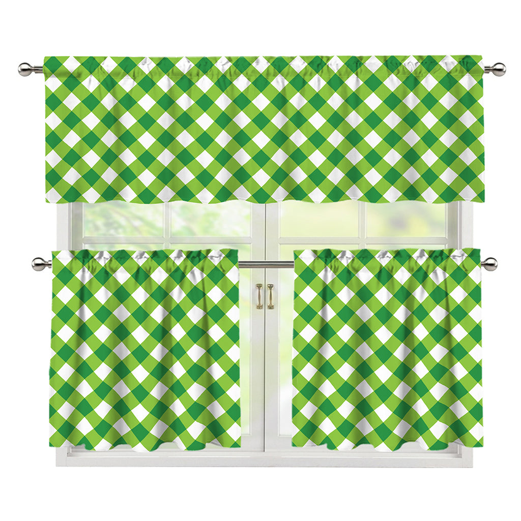 Shamrock Green And White Gingham Print 3 Piece Kitchen Curtains