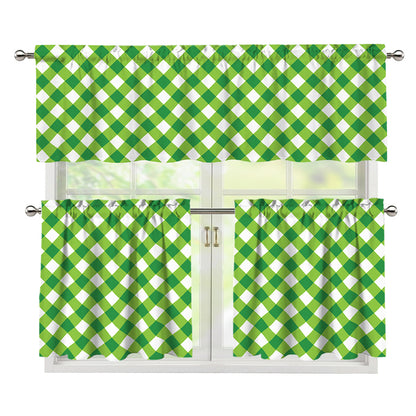Shamrock Green And White Gingham Print 3 Piece Kitchen Curtains