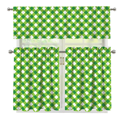 Shamrock Green And White Gingham Print 3 Piece Kitchen Curtains
