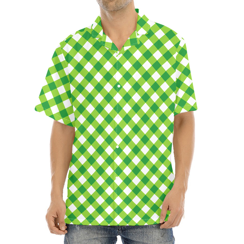 Shamrock Green And White Gingham Print Aloha Shirt