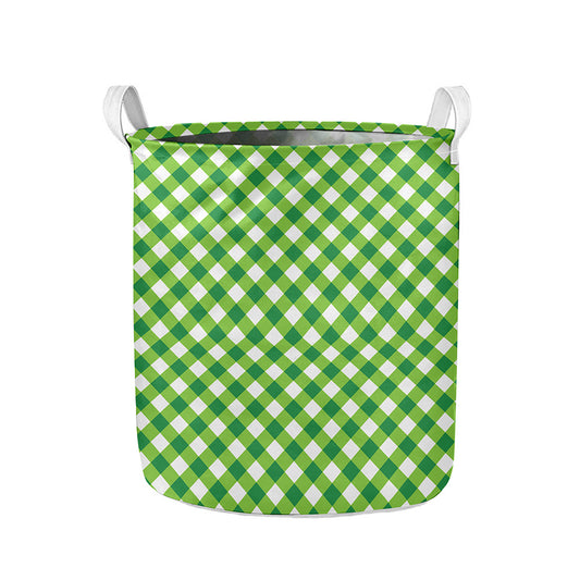Shamrock Green And White Gingham Print Collapsible Laundry Basket