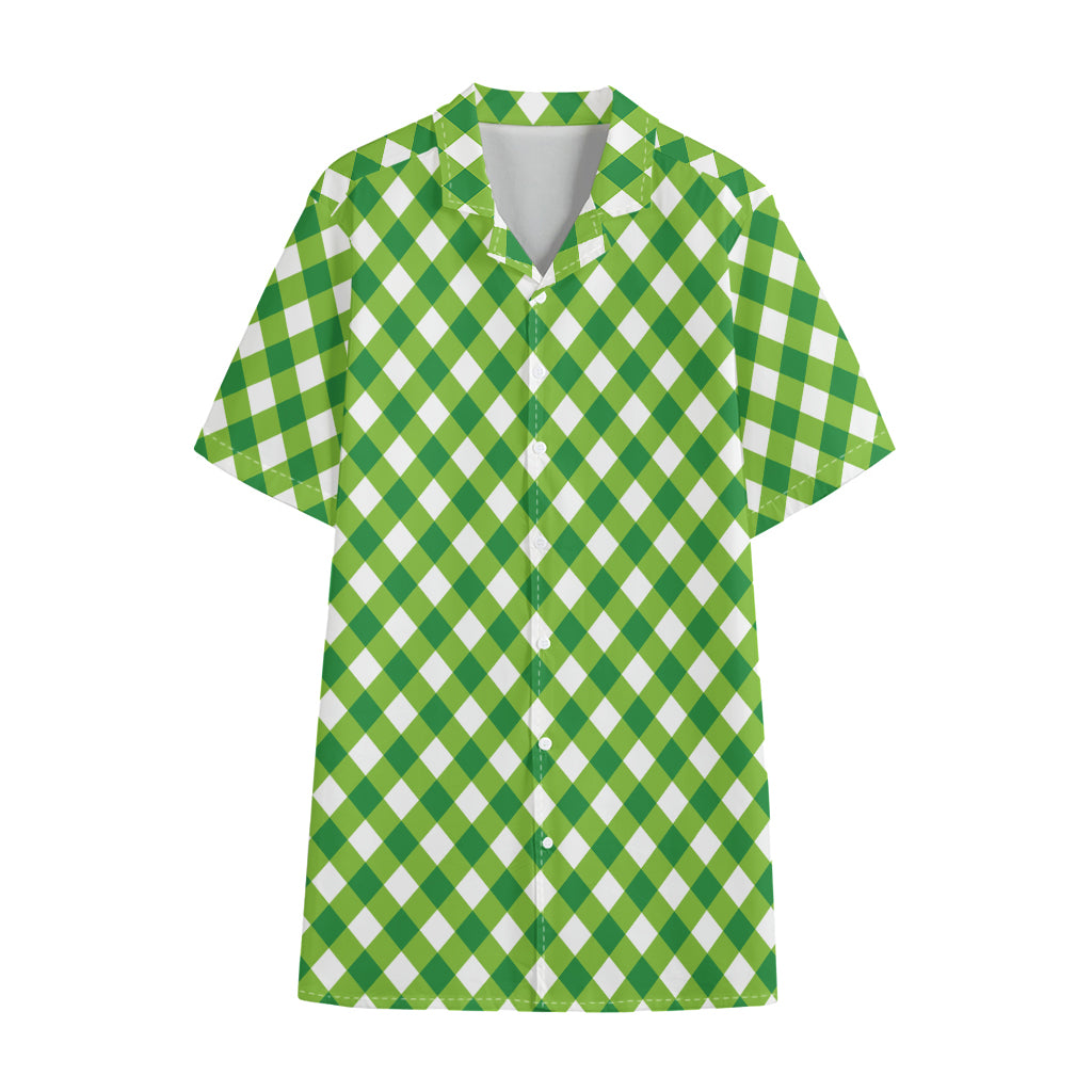 Shamrock Green And White Gingham Print Cotton Hawaiian Shirt