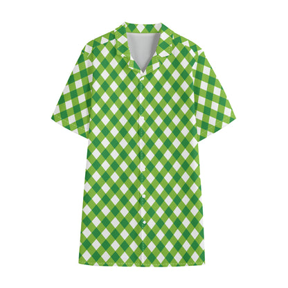 Shamrock Green And White Gingham Print Cotton Hawaiian Shirt