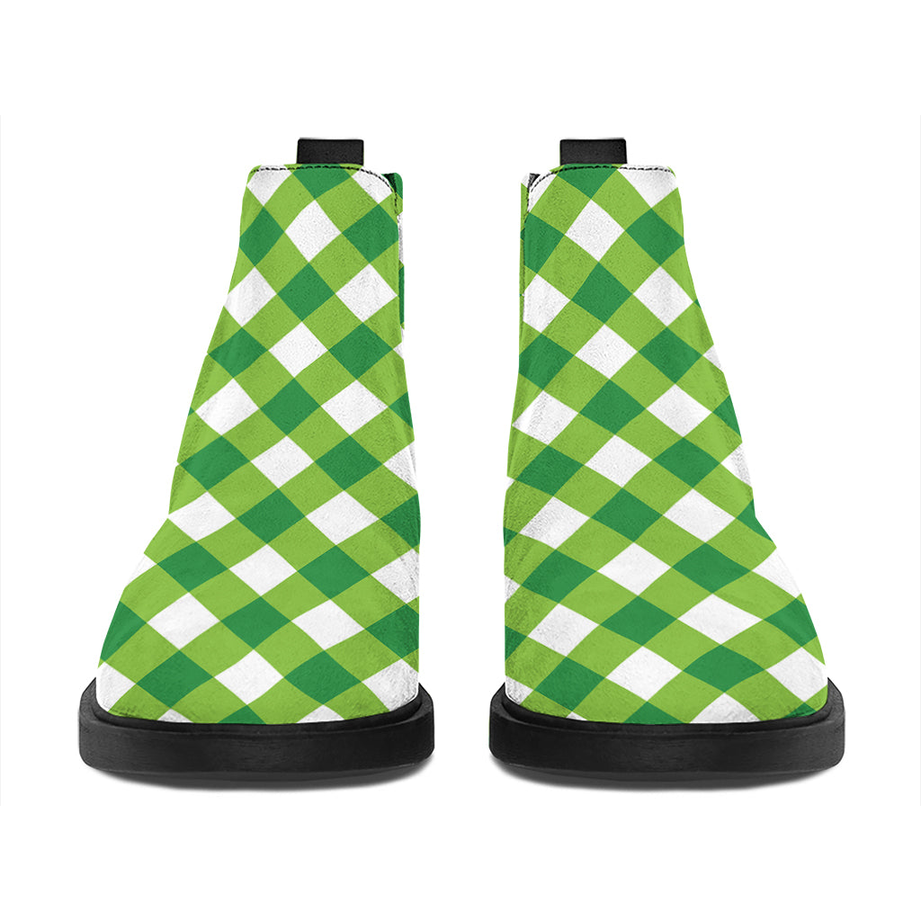 Shamrock Green And White Gingham Print Flat Ankle Boots