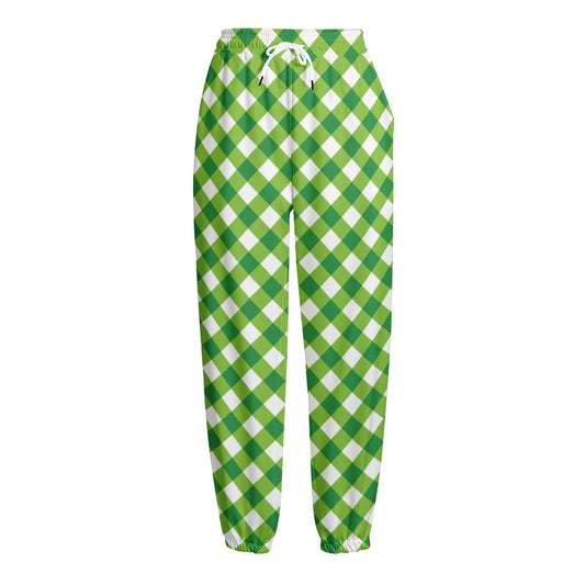 Shamrock Green And White Gingham Print Fleece Lined Knit Pants