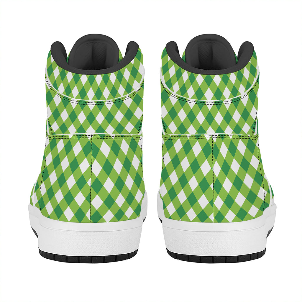 Shamrock Green And White Gingham Print High Top Leather Sneakers